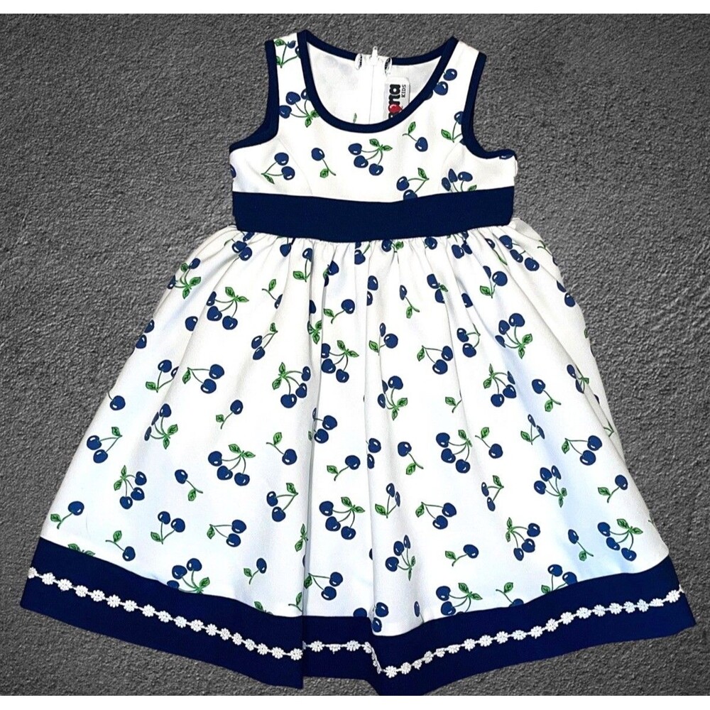 Vtg Bona Kids Blueberry Party Dress Girls Youth 6 White Blue Sleeveless Pageant